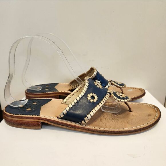 Jack Rogers "Navajo" Navy/Pewter Leather Whipstich Thong Sandals Sz.10 $138 - Picture 2 of 10